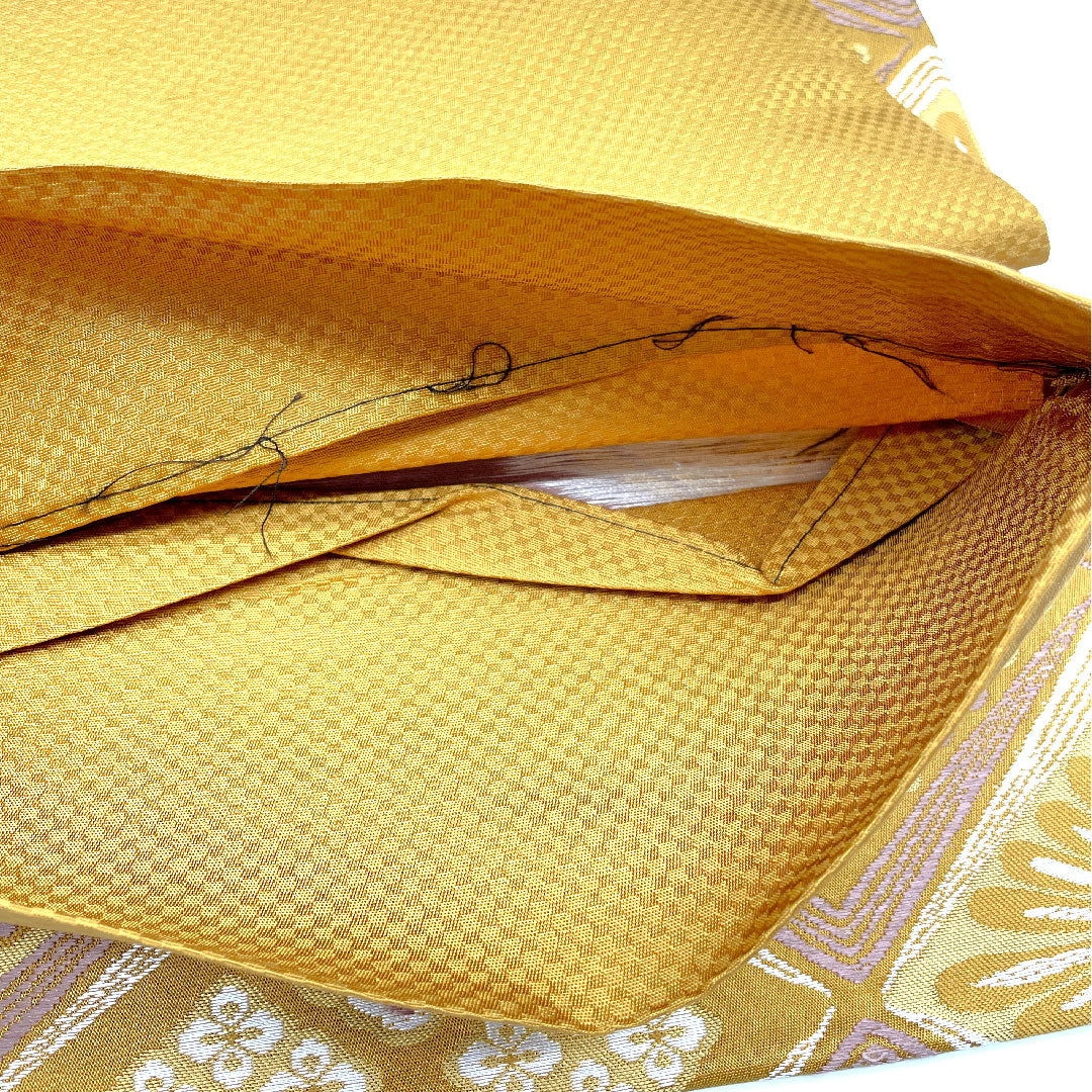 [Unstitched] Silk Fukuro Obi, S Rank, Kigara-cha (brownish-yellow), Jomon-nishiki, Shosoin Pattern, Obi Length 457cm, Roku-tsu (six-panel pattern), Semi-formal, Yellow family, 1123004772423