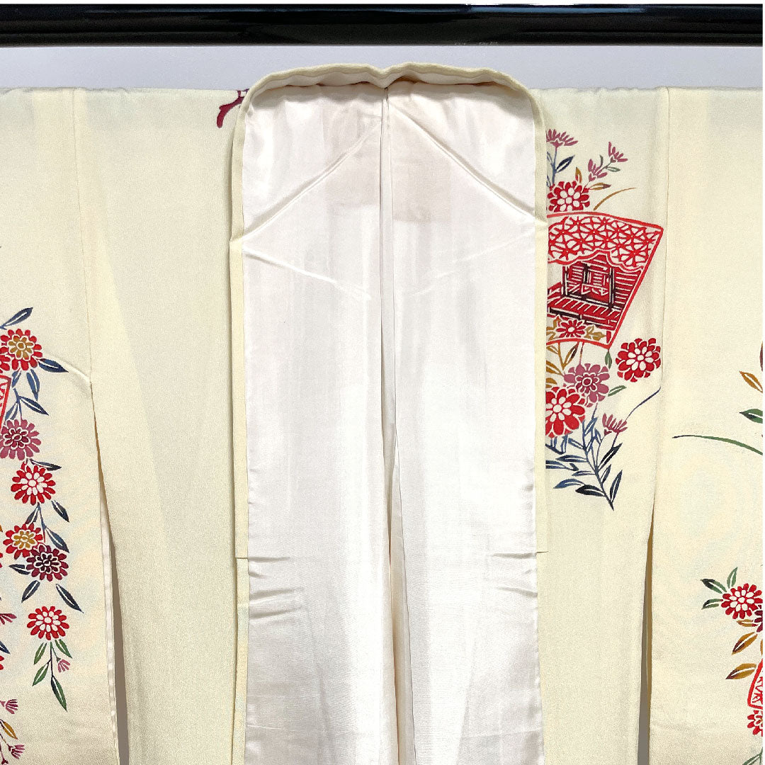 Homongi, lined, length 159cm, sleeve length 62.5cm, Torinoko color, Kyoto Bingata, floral pattern, pure silk, A rank, cream color, 1112001943315