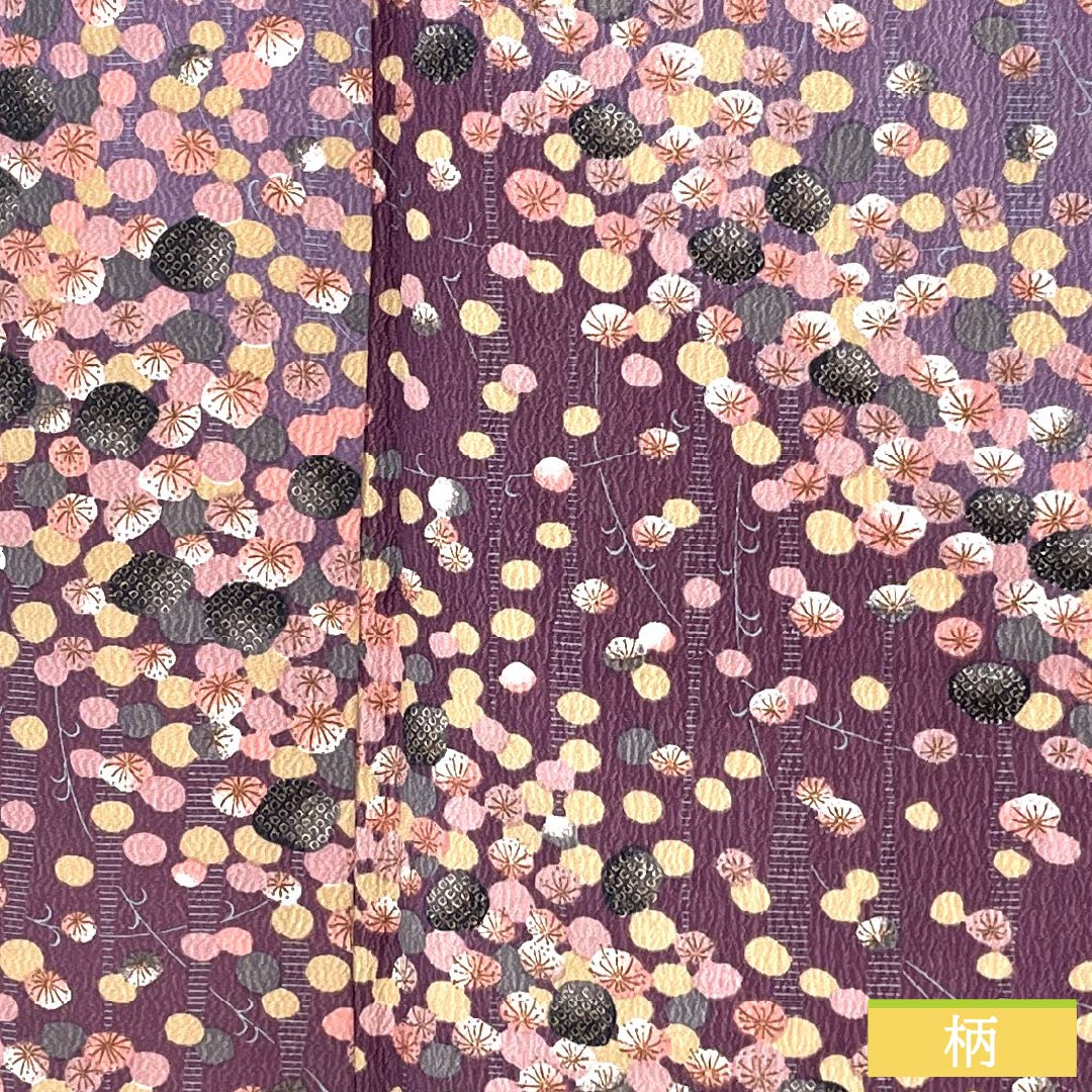 小紋 ポリエステル 身丈161.5cm 裄丈66cm 袷 蒲萄色（えびいろ） 古代紫色（こだいむらさきいろ） 型染 抽象柄 洗える着物 Aランク 紫系 1115005543420