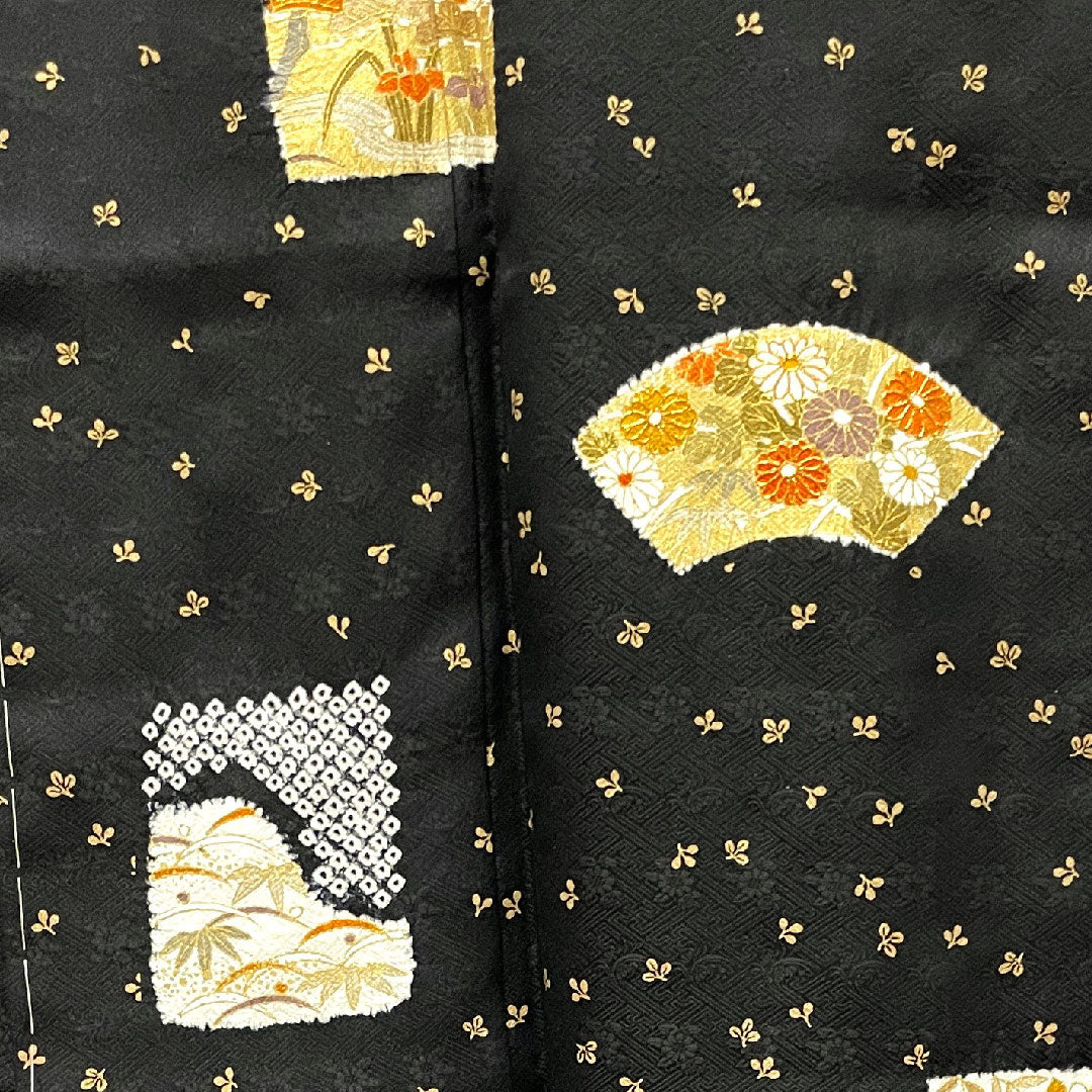 Homongi, lined, length 155cm, sleeve length 61.5cm, with basting thread, unused, Kyo-Yuzen, auspicious pattern, pure silk, S rank, black, 1112002662310