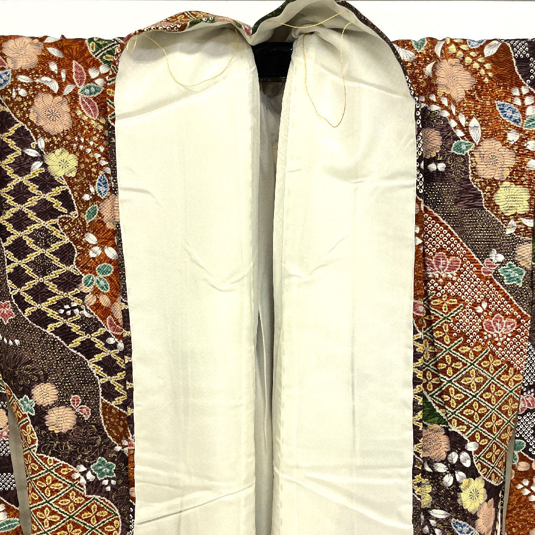 Komon, Length 160cm, Sleeve Length 65cm, Awase, Tsujigahana, Pure Silk, S Rank, Brown, 1115000722314