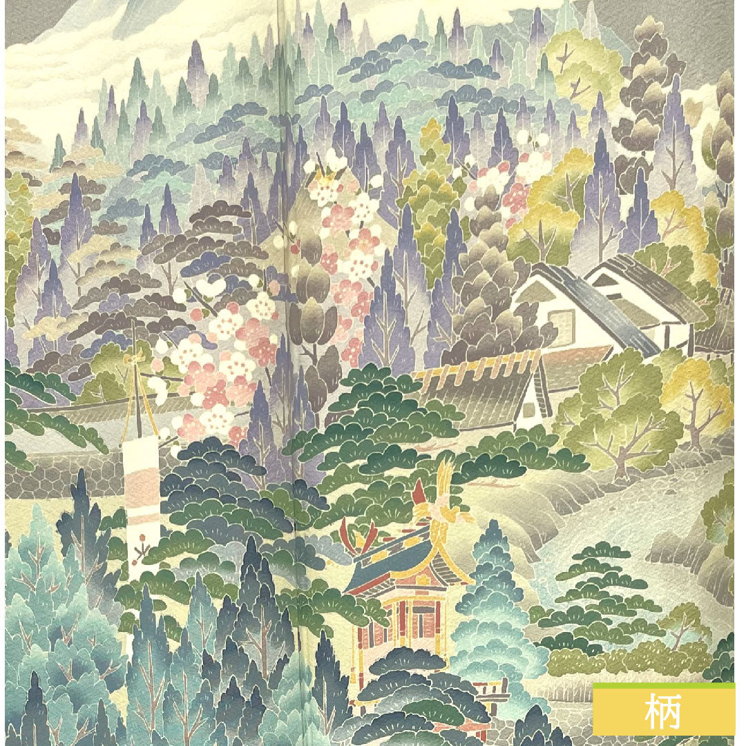 Colored Tomesode, pure silk, length 157cm, sleeve length 63.5cm, lined, tin color, landscape pattern, three crests, ivy, artist's work, Hida Takayama, pearl tone finish, A rank, gray, 1111001363322