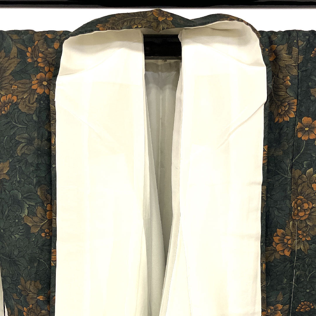 Komon, Length 164.5cm, Sleeve length 65cm, Awase, Hand-woven pongee, Flower pattern, Pure silk, S rank, Green, 1115000562419