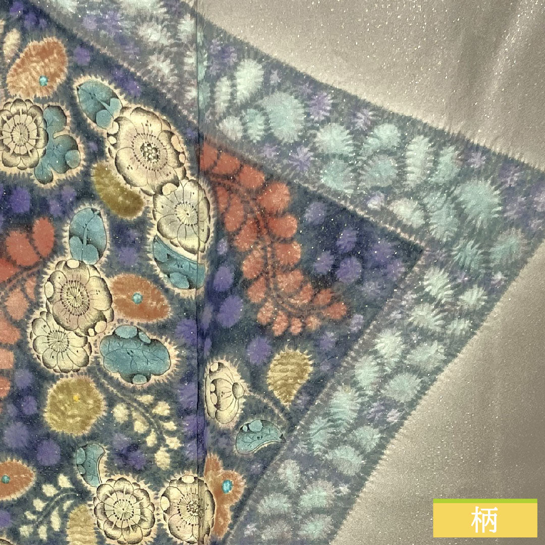 Homongi (formal kimono) made of pure silk, lined, length 159.5cm, sleeve length 64.5cm, purple-gray, Tsujigahana pattern, gold thread, A-rank, gray, 1112005063322