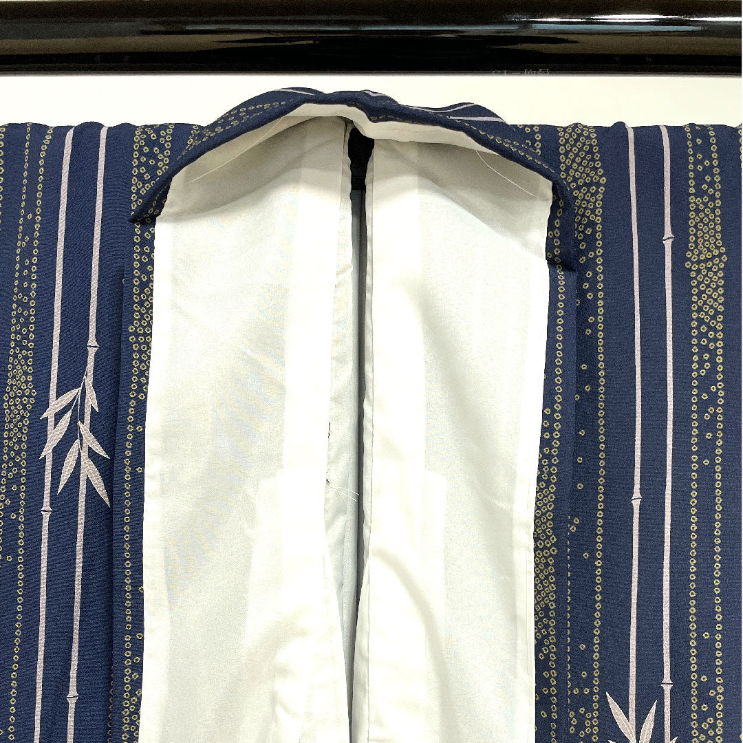 小紋 身丈163cm 裄丈67.5cm 袷  紺青色 洗える着物 竹  ポリ Sランク 紺系 1115002112418