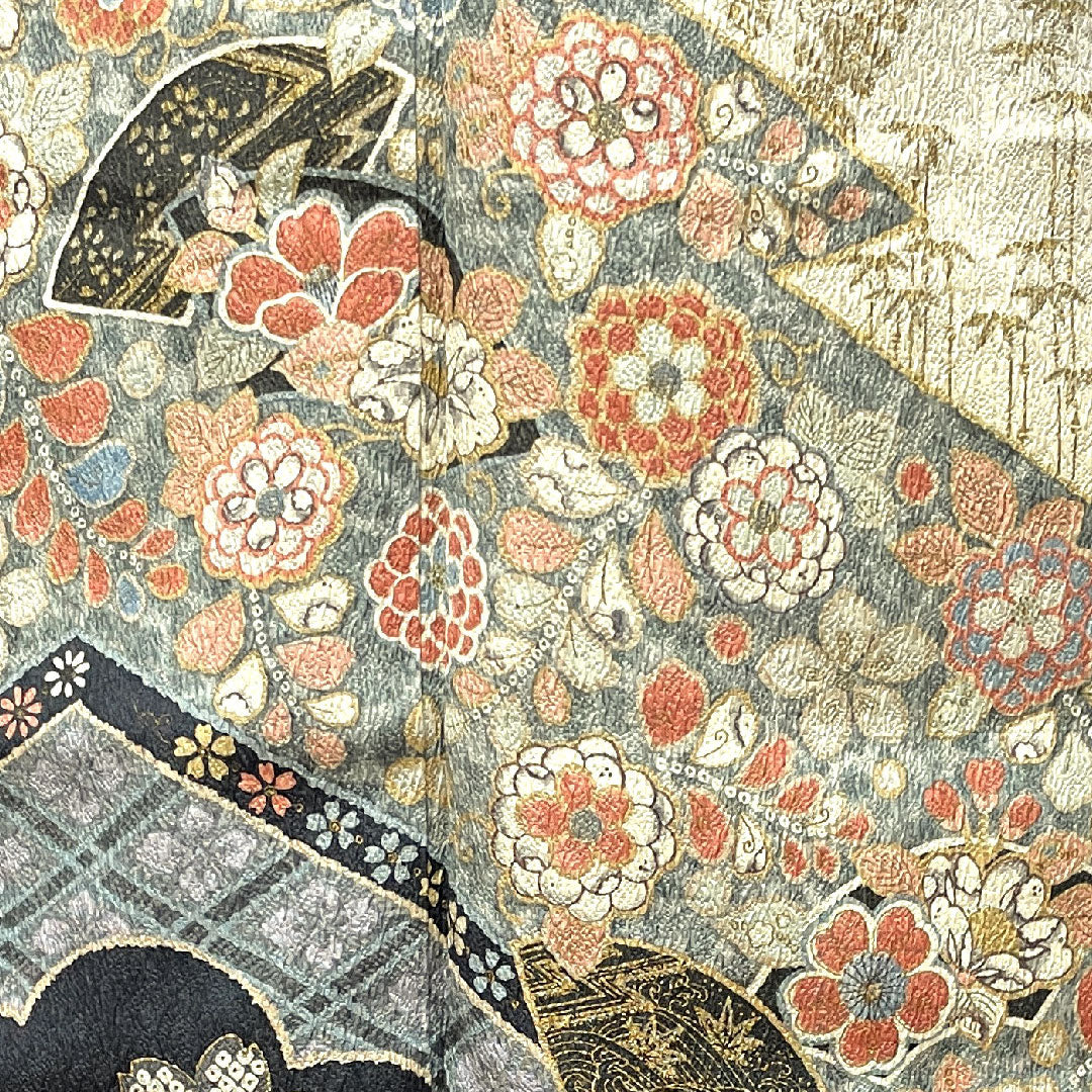 Homongi, pure silk, lined, length 166cm, sleeve length 66cm, mercury color, Kyo-Yuzen, Tsujigahana, S rank, gray, 1112003062522