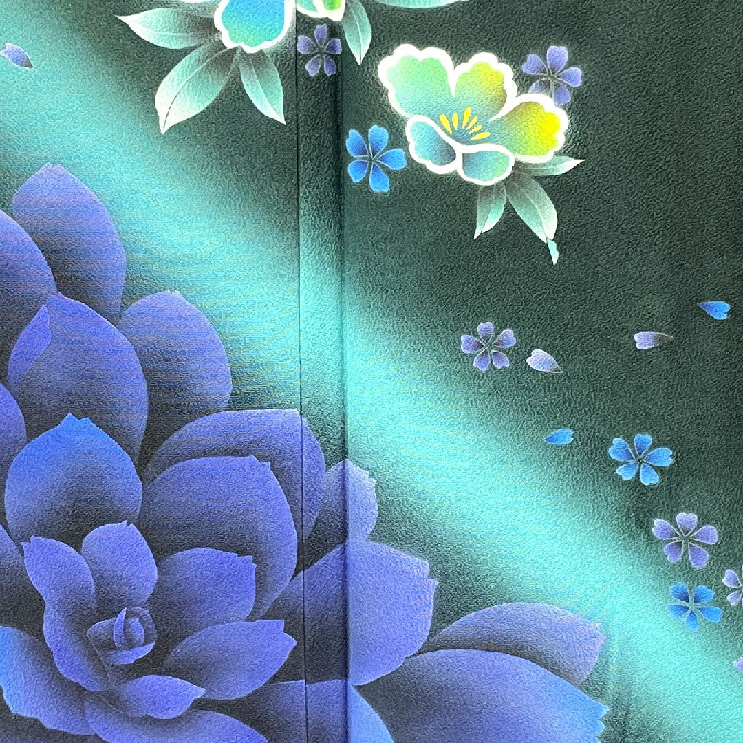 振袖 身丈165cm 裄丈70cm 袷  鉄色 京友禅 花模様  正絹 Aランク 緑系 1113001563519