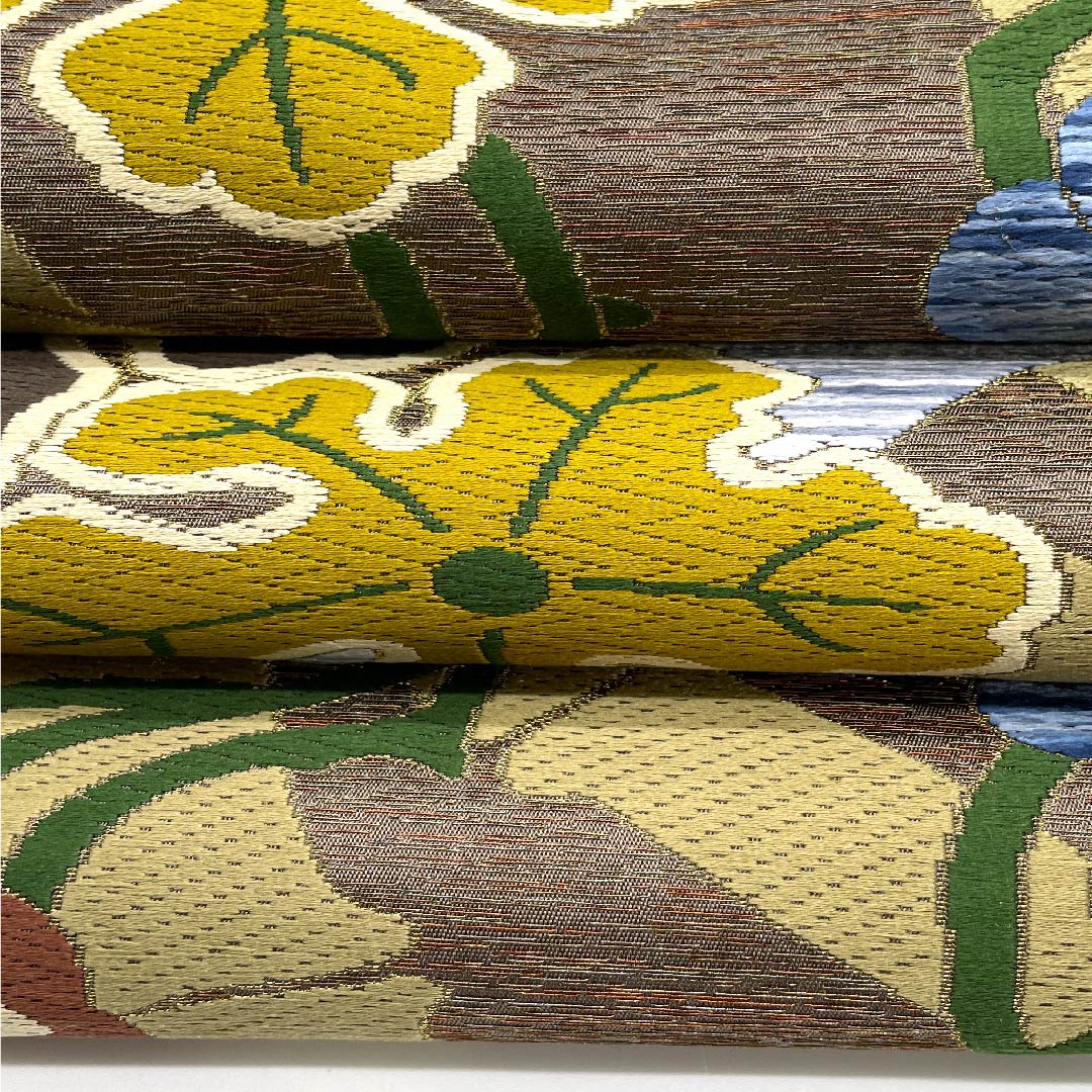 袋帯 煤色（すすいろ） 白綾苑大庭 蔦 竹 葡萄 帯丈447cm 正絹 Sランク 六通 フォーマル 茶系 1123009452314