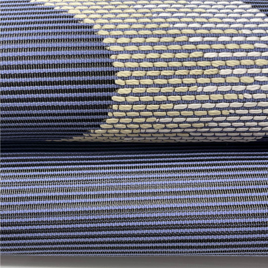 （新品未使用品）袋帯 夏帯 二藍色（ふたあいいろ） 幾何学模様 夏物 帯丈446cm 正絹 NEWランク ポイント柄 セミフォーマル 青系 1123008501317