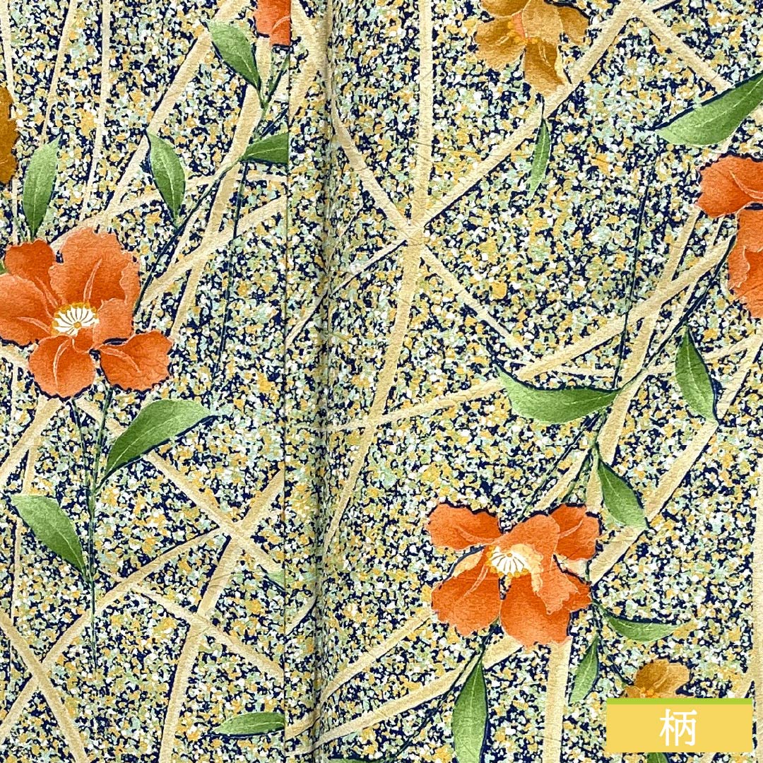 Small pattern, polyester, length 150.5cm, sleeve length 66cm, lined, navy blue, stencil dyeing, grass, flowers, S rank, navy blue, 1115005442118
