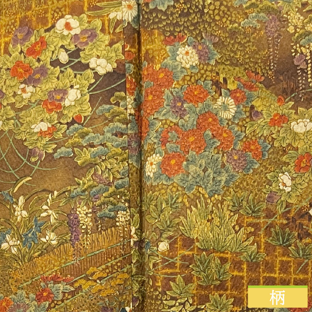 小紋 正絹 身丈140cm 裄丈60.5cm 袷  濃茶色 草花模様 しつけ糸付き 未使用品  Sランク 茶系 1115003732114