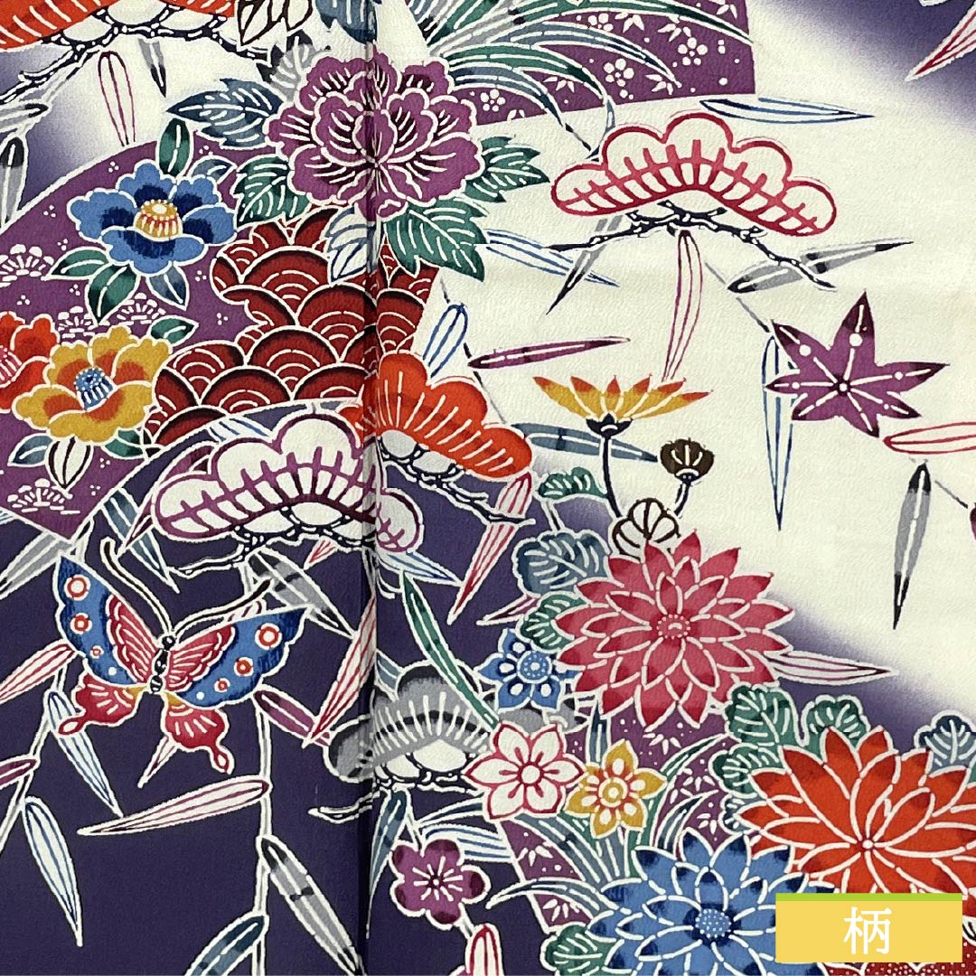 Homongi Silk A Rank Awase 155.5cm Length 62cm Sleeve-to-sleeve Deep Purple Kyo-Bingata Pine, Bamboo, Plum, Butterfly, Fan, Chrysanthemum Purple System 1112006403320