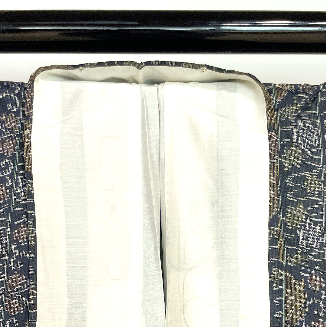 村山大島 身丈156cm 裄丈65cm アンサンブル 流水 花模様 正絹 Aランク 袷 黒系 1116001903310