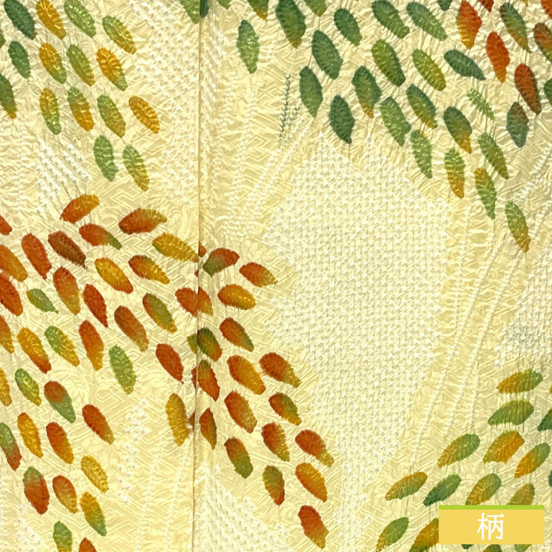 Homongi, pure silk, lined, length 160.5cm, sleeve length 64.5cm, pale yellow, all-dyed, abstract pattern, S rank, yellow, 1112005552423