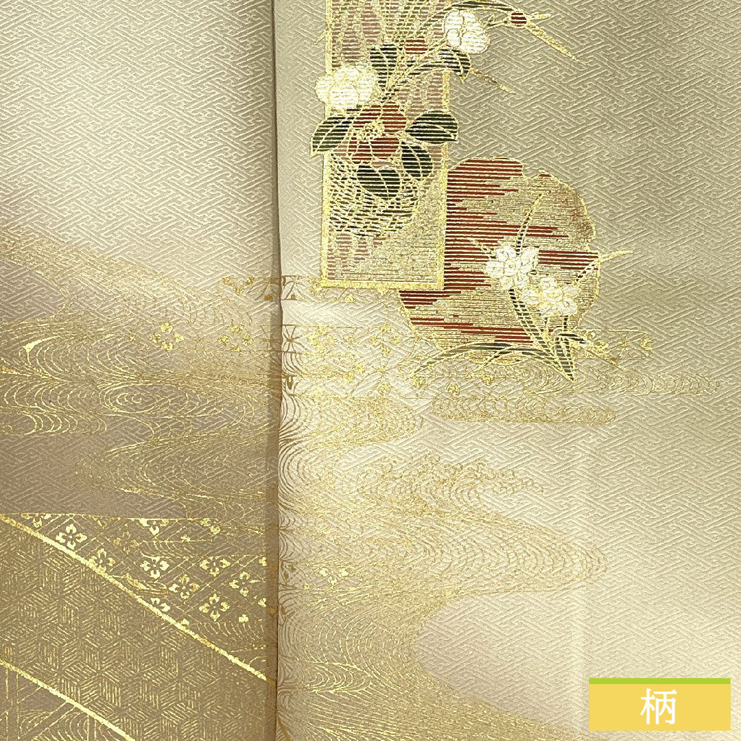 Homongi, pure silk, lined, length 161cm, sleeve length 61cm, white oak color, Kyoto Yuzen, auspicious pattern, A rank, gray, 1112005913422