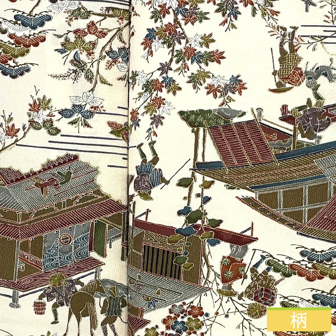 小紋 正絹 身丈156.5cm 裄丈62cm 袷 砥粉色（とのこいろ） 型染 時代絵巻 Bランク クリーム系 1115005054315
