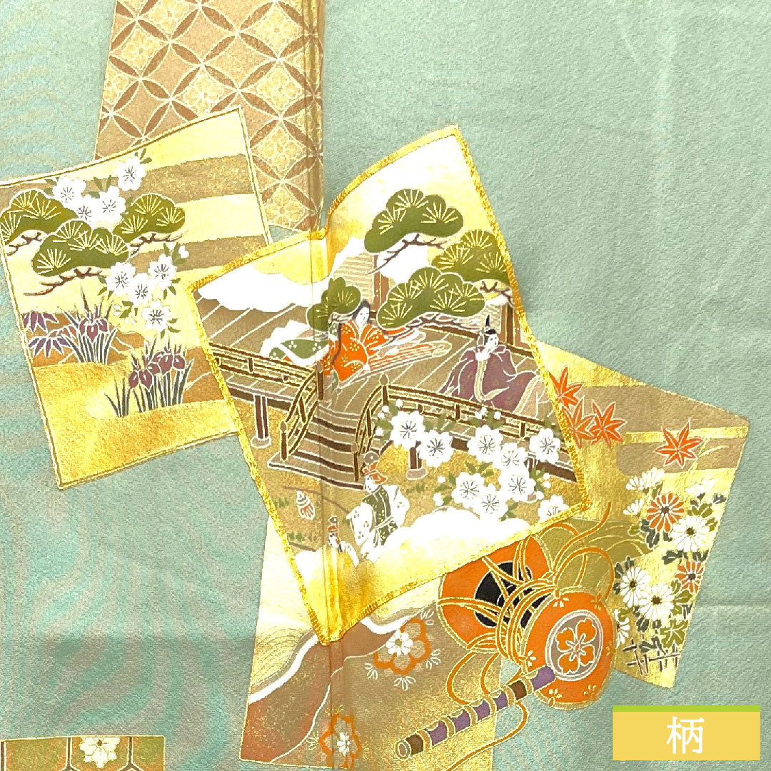 Colored Tomesode, pure silk, length 164.5cm, sleeve length 64.5cm, lined, celadon color, Kyoto Yuzen, period picture scroll pattern, circle with swallowtail butterfly, three crests, with basting thread, unused, S rank, three crests, green, 1111001212419