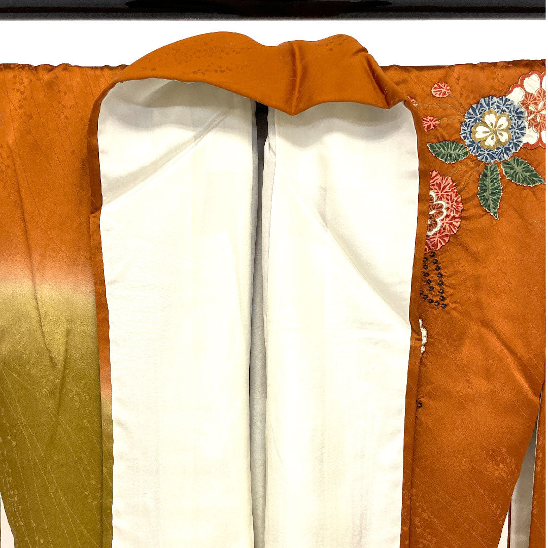 Homongi, lined, length 158cm, sleeve length 64cm, tie-dyed, floral pattern, pure silk, B rank, brown, 1112001044314