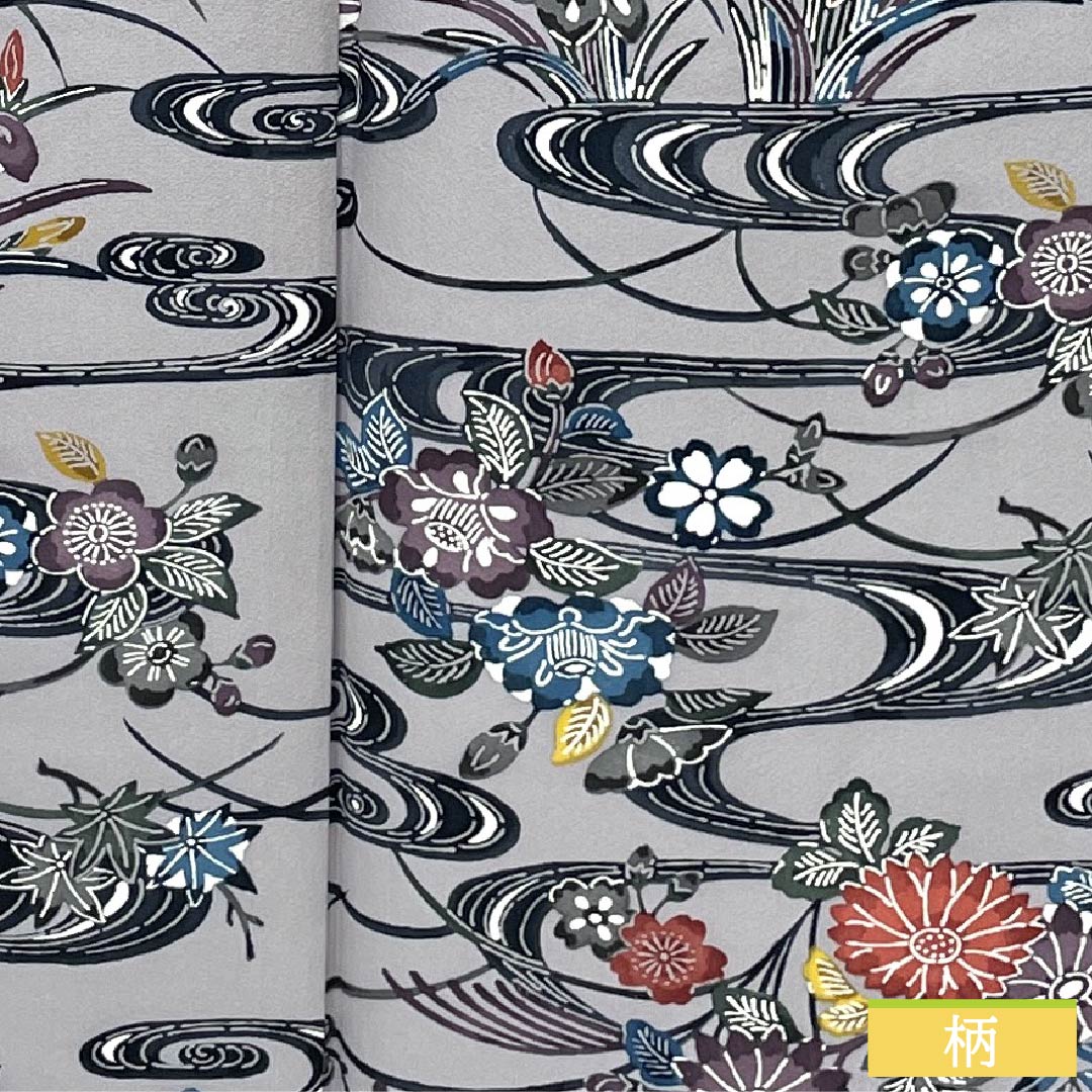 Komon silk, A-rank, length 157.5cm, sleeve length 62.5cm, lined, light ink color (usuzumiiro), Kyoto Bingata pattern, flowing water and floral pattern, gray tones, product number 1115006373322