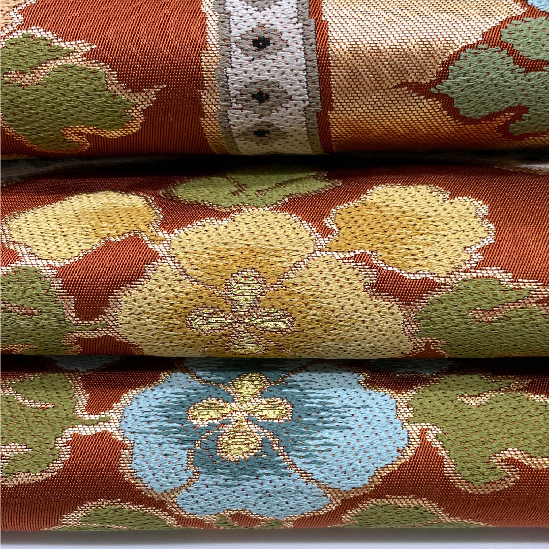 袋帯 猩々茶色（しょうじょうちゃいろ） 花模様 亀甲 白綾苑大庭 帯丈420cm 正絹 Aランク 六通 フォーマル 橙系 1123008893326
