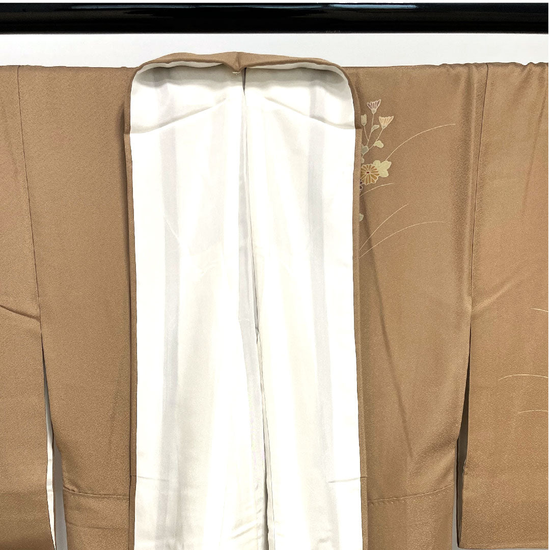 Homongi, lined, length 159cm, sleeve length 64cm, Shiba dyeing, floral pattern, pure silk, S rank, brown, 1112001582314