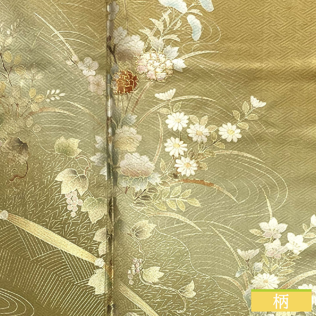 訪問着 袷 身丈162cm 裄丈65cm 唐金色 金彩加工 草花模様 正絹 Sランク 黄系 1112003922423