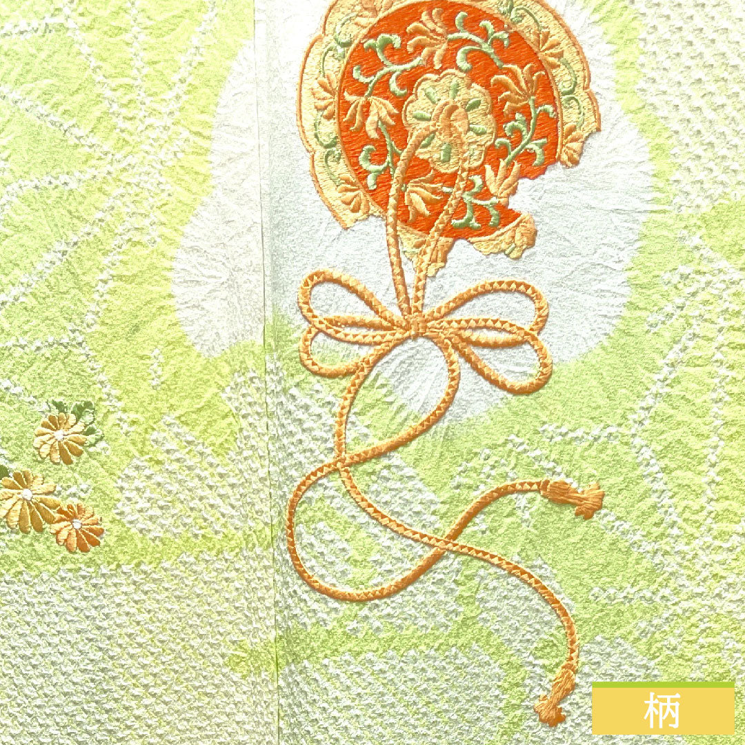 訪問着 正絹 袷 身丈162.5cm 裄丈62cm 若芽色 刺繡 絞り 麻の葉 Aランク 緑系 1112003433419