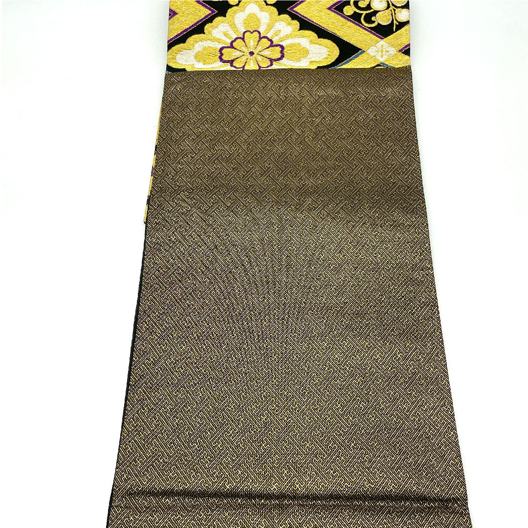 Fukuro Obi for Furisode, Matsukawabishi, Flower Pattern, Length 440cm, Pure Silk, S Rank, Six-way, Formal, Black, 1123004512310