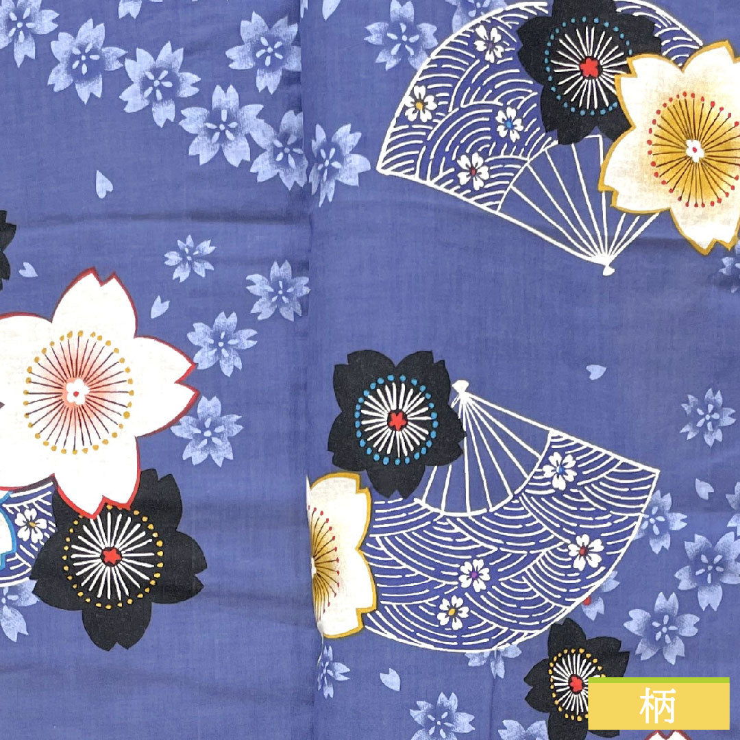 Yukata Cotton Length 160cm Sleeve length 64cm S rank Single layer Blue Edo-nandou color Cherry blossom Folding fan 1118005192417
