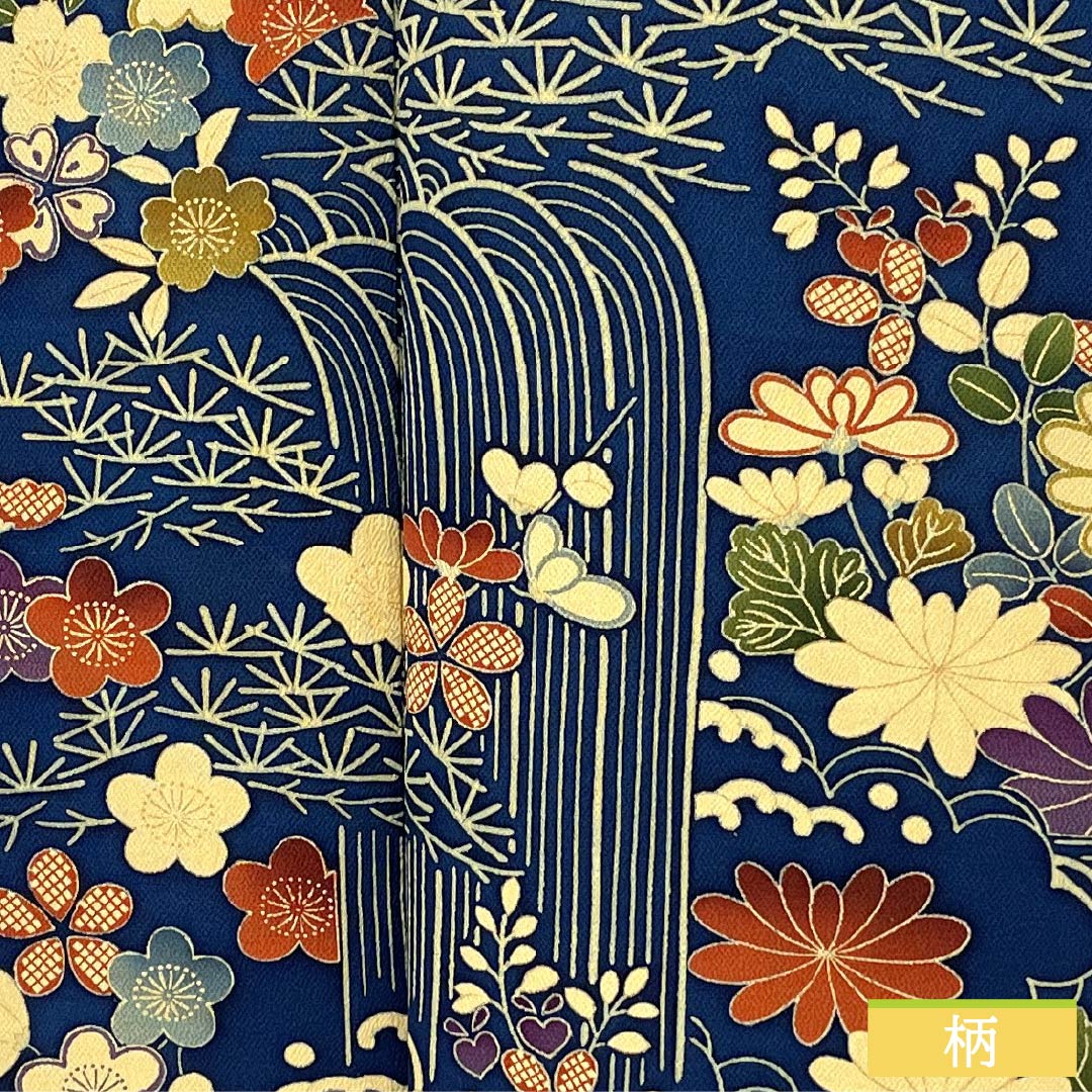 Visiting Kimono, Pure Silk, Grade A, Lined, Length 160cm, Sleeve Length 64.5cm, Navy Blue, Stencil Dyed, Flowing Water, Small Flowers, Navy Blue, Item Number: 1112006913418