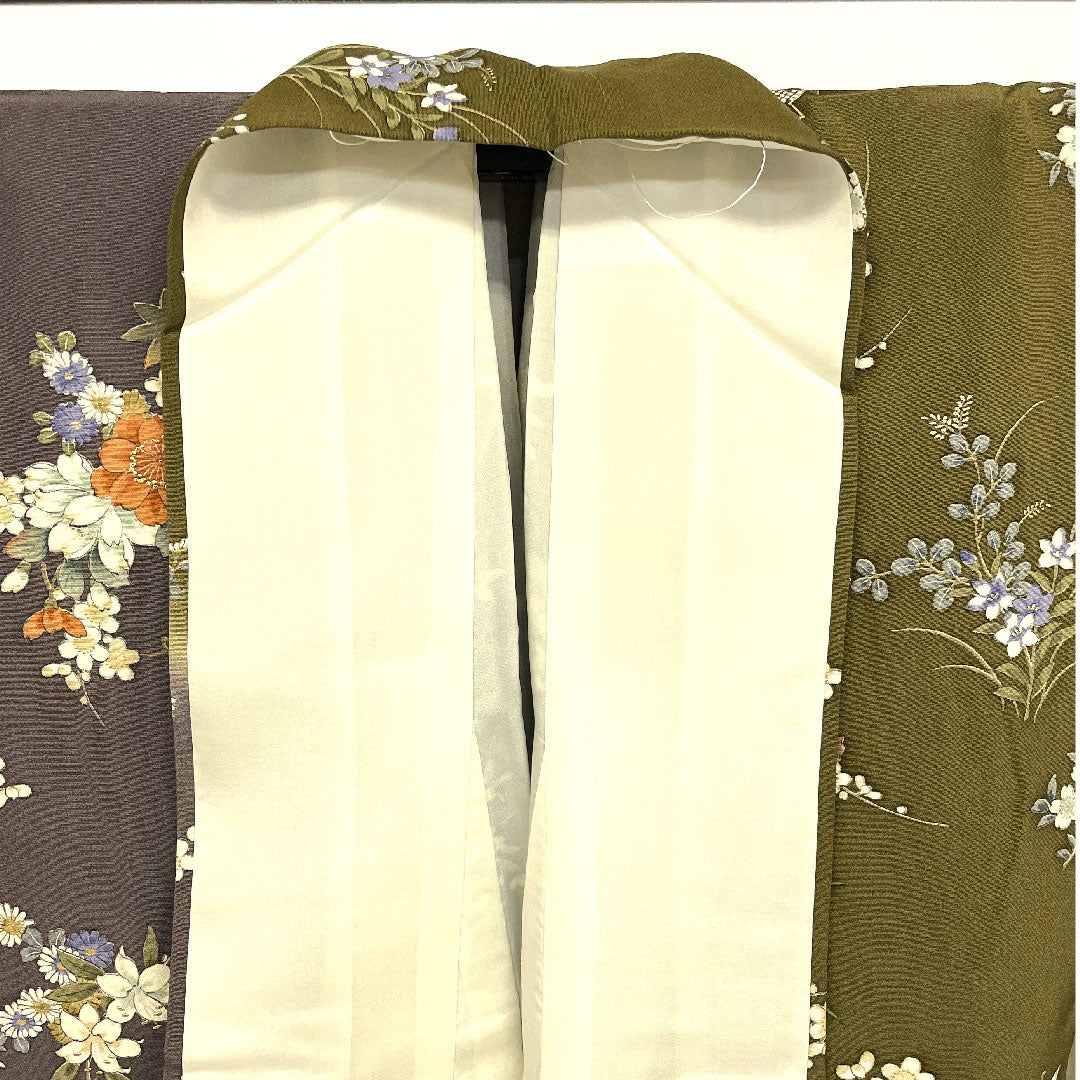 小紋 身丈164cm 裄丈67cm 袷  染め分け 草花模様  正絹 Sランク 緑系 1115001392419