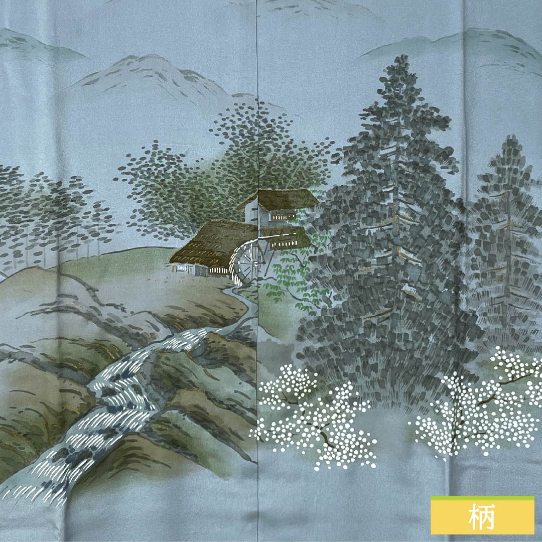 Men's Nagajuban (long under-kimono), Pure Silk, Grade A, Length 137cm, Sleeve Length 64.5cm, Oborohanairo (Oborohana Iro) with Landscape Painting, Single-layer, Light Blue, 1140000763324