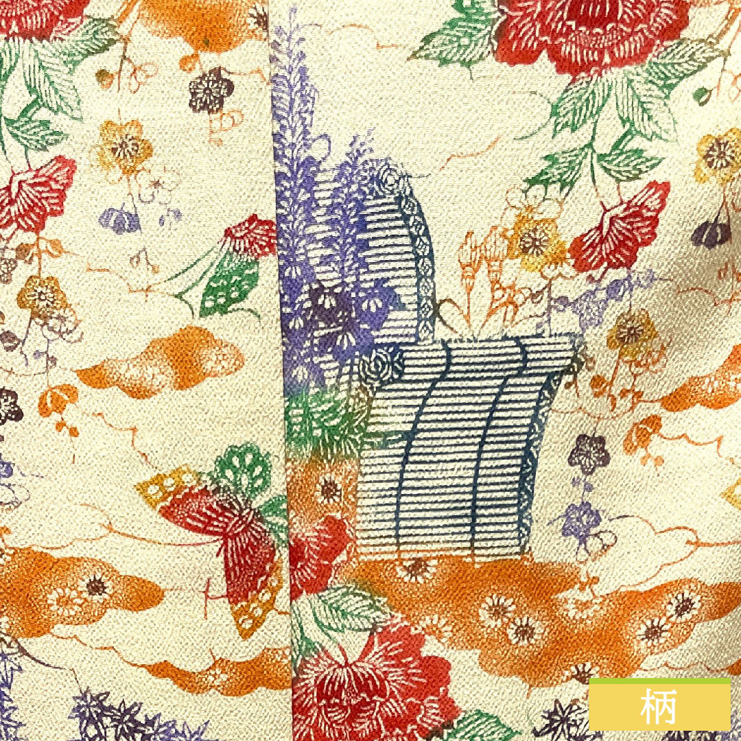 小紋 正絹 身丈161.5cm 裄丈65cm 袷  鳥の子色 型染 草花模様  Sランク クリーム系 1115003762415