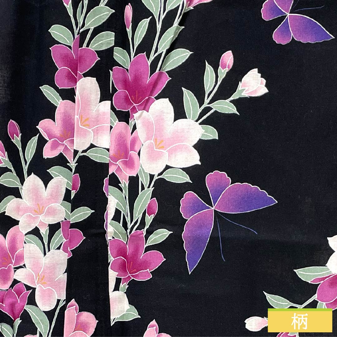 Cotton Yukata, Length 163cm, Sleeve Length 64cm, S Rank, Single Layer, Black, Iron Wire, Butterfly Design, 1118006082410