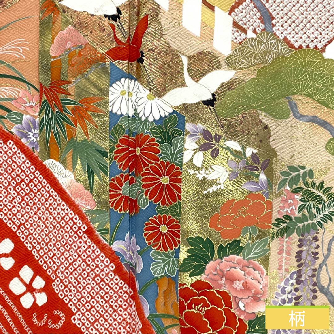 Furisode (long-sleeved kimono) made of pure silk, S-rank, length 152cm, sleeve length 61cm, lined, scarlet, Kyoto Yuzen, featuring auspicious motifs of cranes, plum blossoms, and pine trees in red. Product code: 1113002182212
