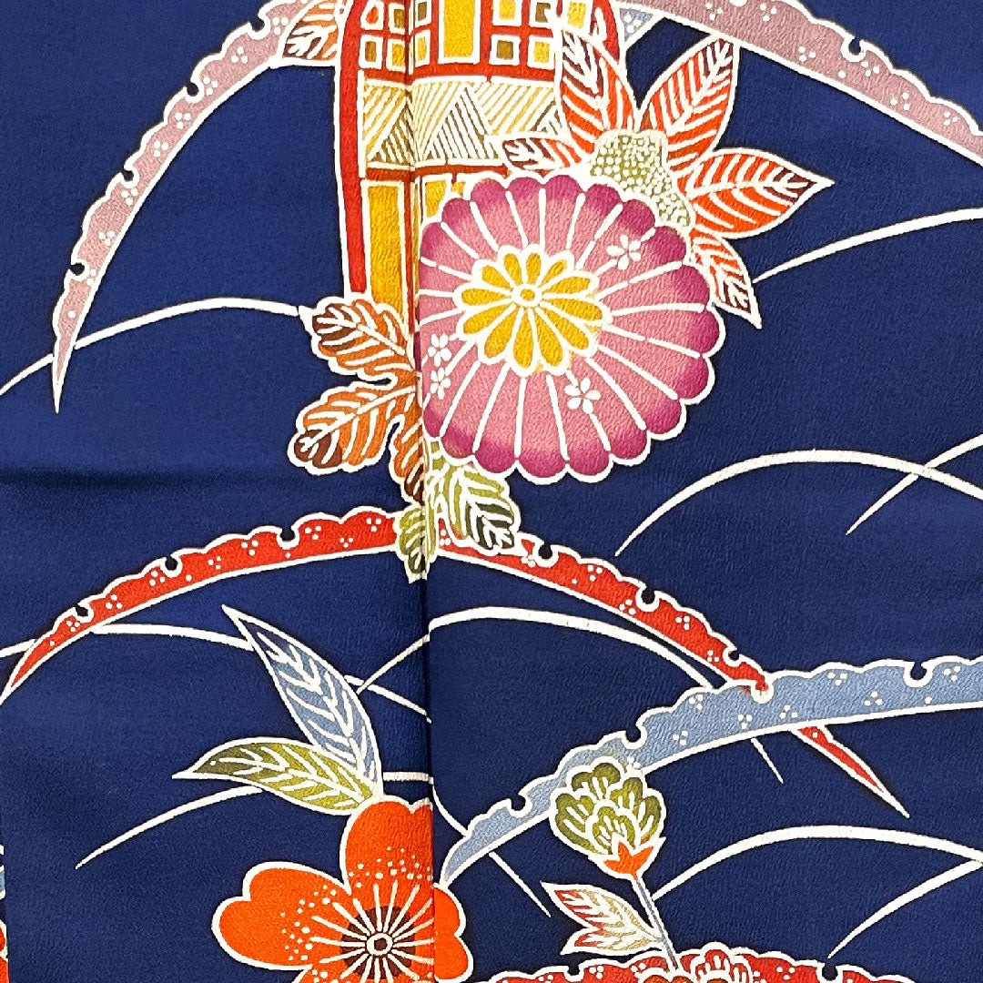 小紋 身丈156.5cm 裄丈62cm 袷  紺藍色 京紅型 菊 露芝  正絹 Sランク 紺系 1115003382318