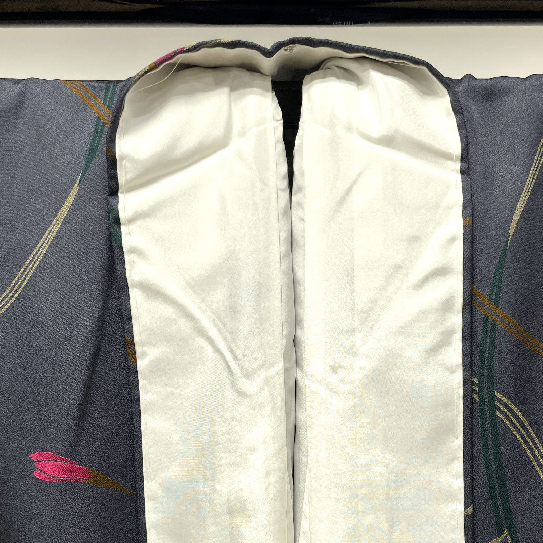 小紋 身丈158.5cm 裄丈64cm 袷  鋼色 しつけ糸付き 未使用品 手描き 京友禅 草花模様  正絹 Sランク グレー系 1115002902322