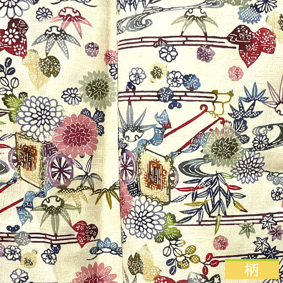 Komon, pure silk, length 154.5cm, sleeve length 62.5cm, lined, milky white, pongee, Kyoto Bingata, pine, bamboo, plum, flower cart, running water, S rank, cream, 1115003542215