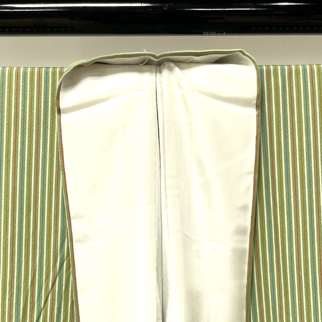 小紋 身丈164cm 裄丈62.5cm 袷  裏葉色 縞  正絹 Sランク 緑系 1115002782419