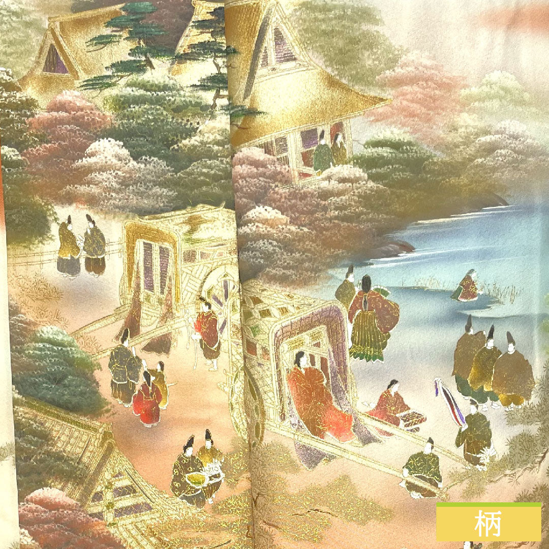 Colored Tomesode, pure silk, length 159.5cm, sleeve length 63cm, lined, red-orange, Kyoto Yuzen, historical figures and landscapes, one crest, sword and katabami, S rank, orange, 1111001422326