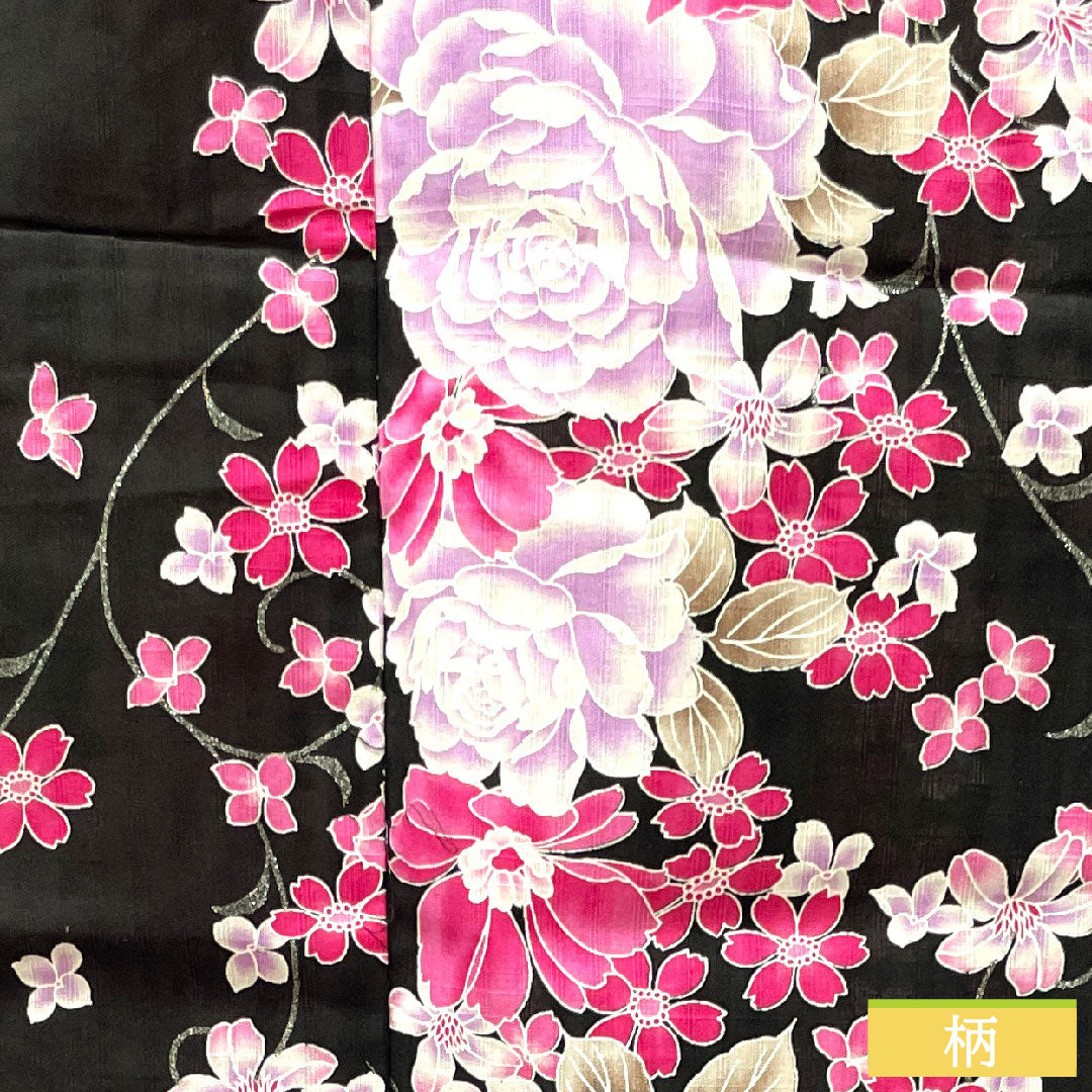 浴衣 木綿 身丈165.5cm 裄丈64.5cm Sランク 単衣 黒系 薔薇 桜 1118004512510