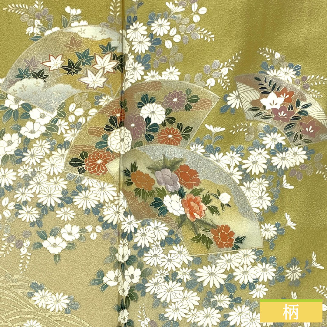 Homongi, pure silk, lined, length 156.5cm, sleeve length 63cm, faint yellow, Kyoto Yuzen, cherry blossom, chrysanthemum, bush clover, A rank, yellow, 1112005243323
