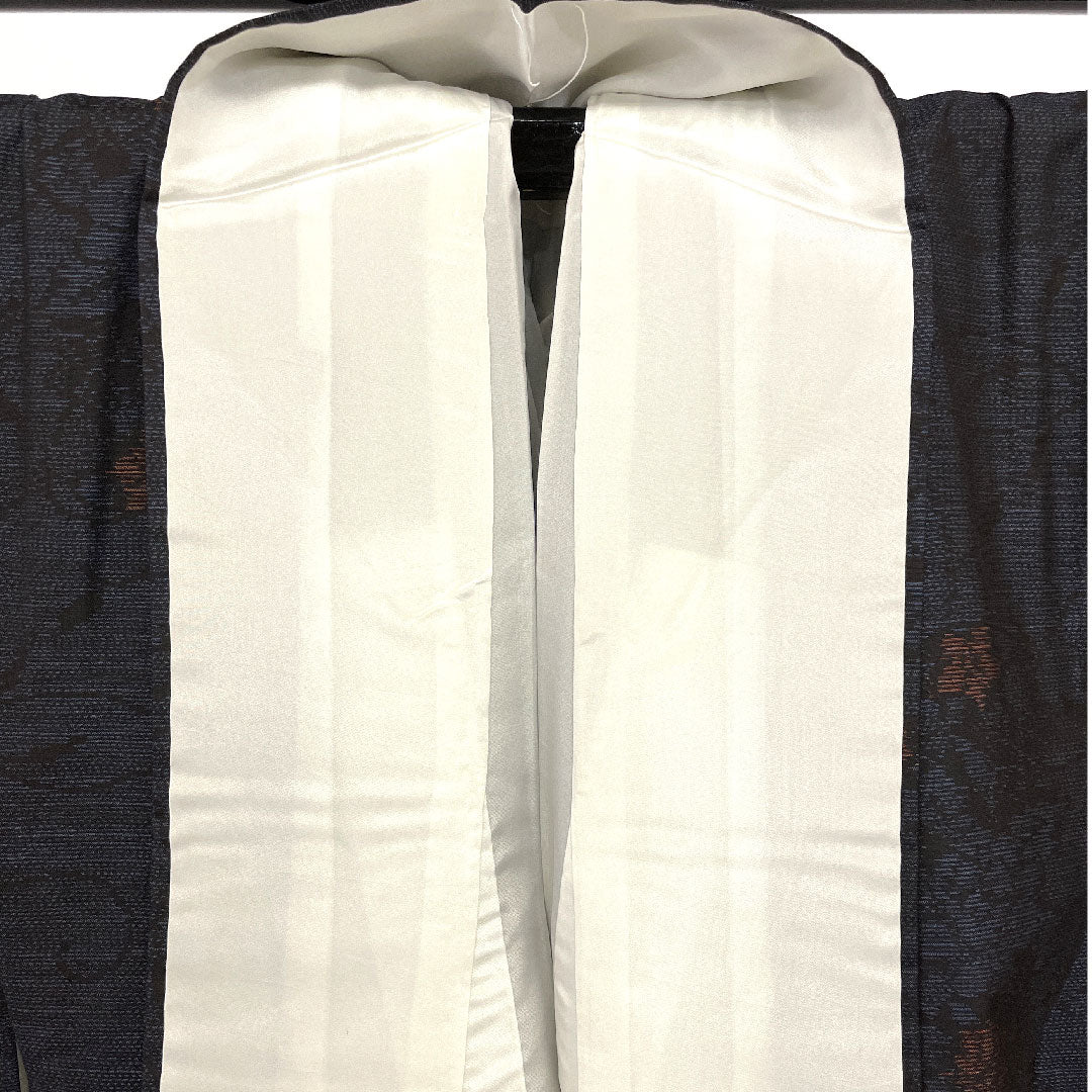 Oshima Tsumugi, Length 163.5cm, Sleeve length 67cm, Weft ikat, Floral pattern, Pure silk, S rank, Lined, Navy blue, 1116001142318