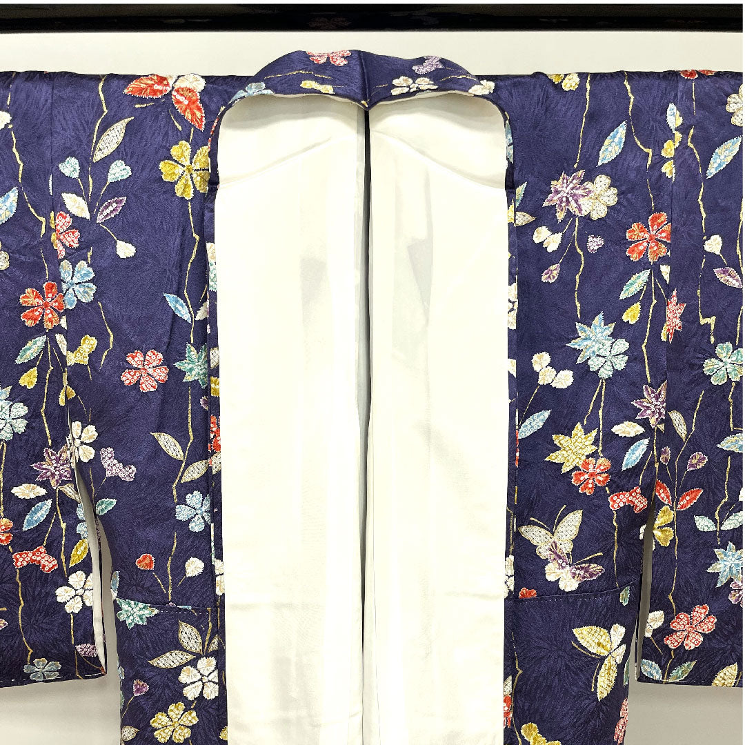 小紋 身丈164.5cm 裄丈65cm 袷  江戸紫色 絞り 花模様  正絹 Sランク 紫系 1115002332420