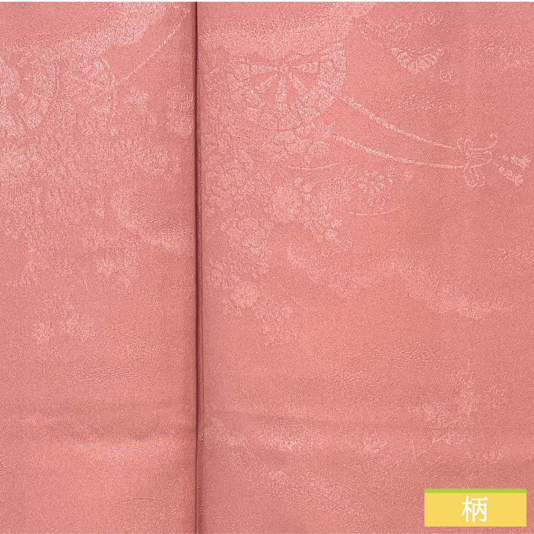 Solid-colored polyester kimono, length 157cm, sleeve length 64cm, single-layer plum-colored (hitoeumeiro) woven with silk brocade and featuring a flower cart, washable, lined, A-rank, pink, product number 1114002133313