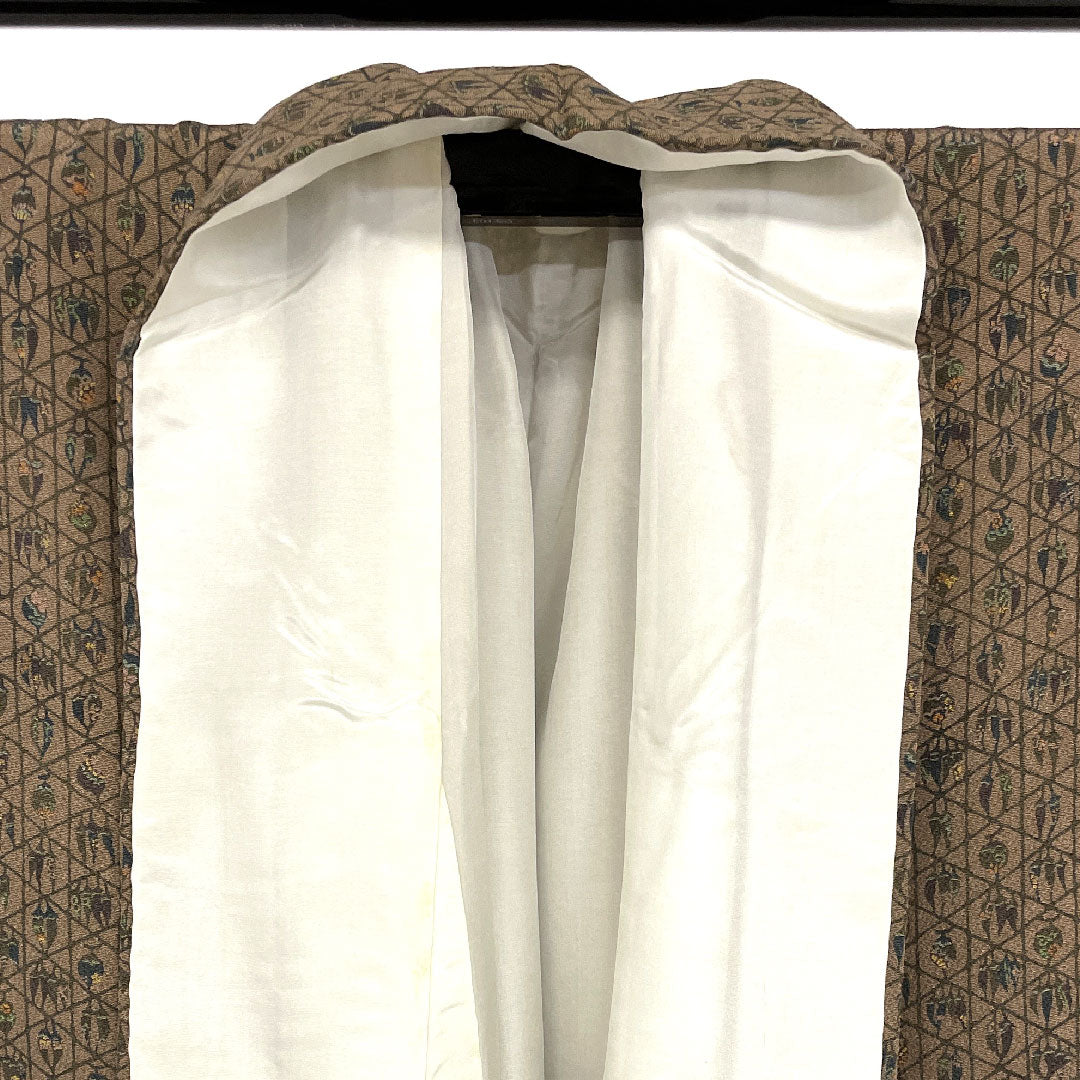 小紋 身丈162cm 裄丈63cm 袷  南部幸雄 籠目に野菜模様 正絹 Aランク 茶系 1115000603314