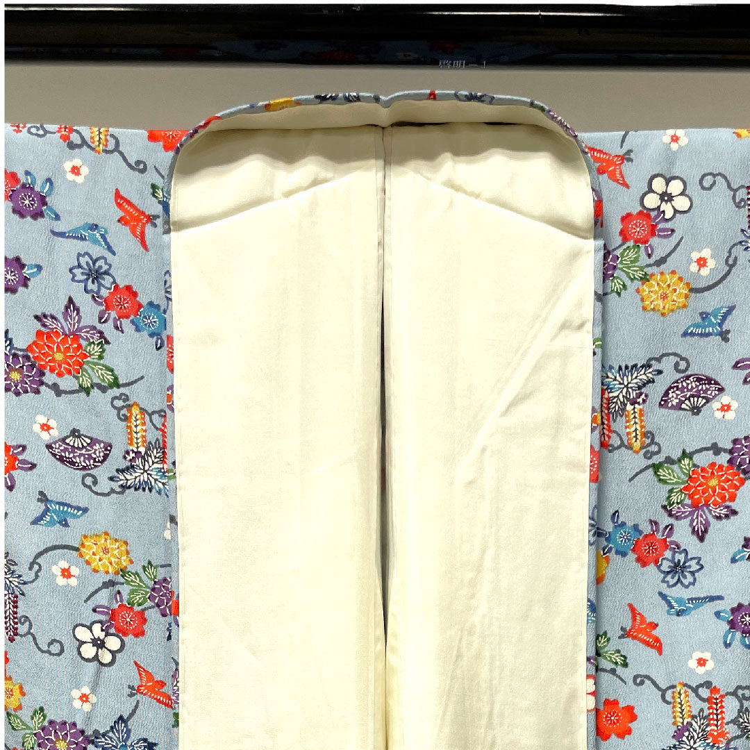 Komon, Length 160cm, Sleeve length 62cm, Lined, Light indigo, Stencil dyeing, Floral pattern, Pure silk, S rank, Blue 1115002742417