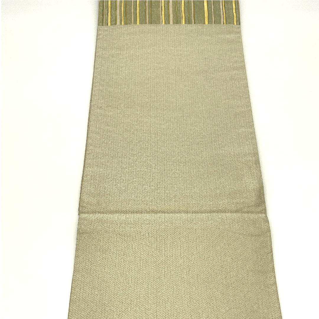 Fukuro Obi with Nuihaku, Geometric Pattern, Length 444cm, Pure Silk, S Rank, Six-way, Semi-formal, Green, 1123004452319
