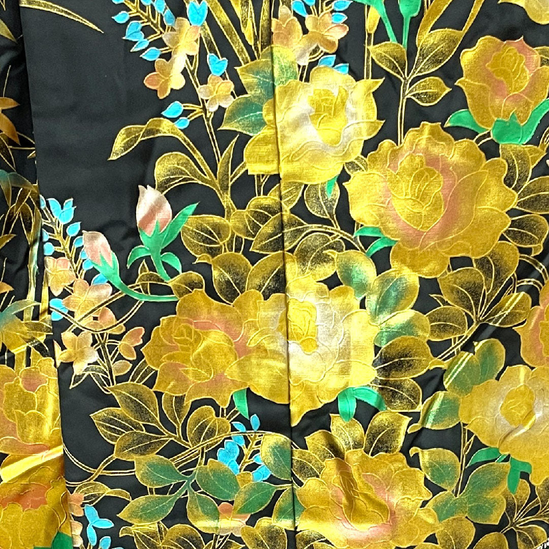 色打掛 身丈194cm  金彩加工 鶴 蝶 草花模様 正絹 Aランク 袷 黒系 1110000403910