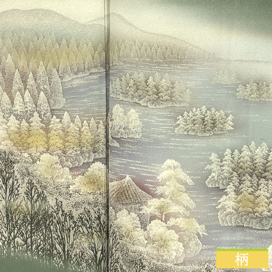Homongi, pure silk, lined, length 162.5cm, sleeve length 65cm, leaf color on the back, landscape pattern, A rank, green, 1112005853419